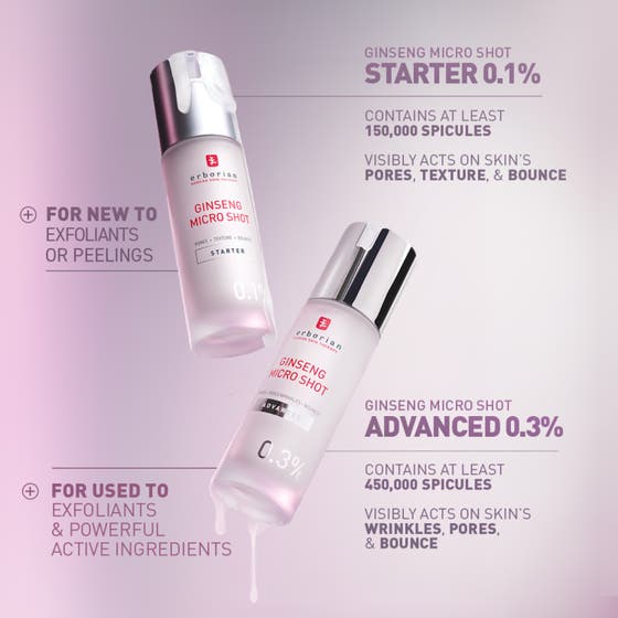 Erborian Ginseng Micro Shot 0.3 Advanced 30 ml serum mot rynkor och porer visas bredvid Starter 0.1%.