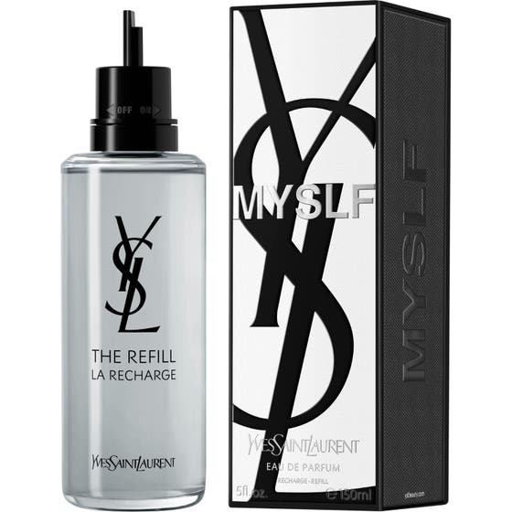 Yves Saint Laurent MYSLF Eau de Parfum 150 ml herr parfym refill flaska i glas med stilren svartvit förpackning