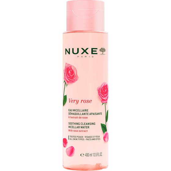 Nuxe Very Rose 400 ml micellärt vatten ger sminkborttagning för känslig hy i en rosa flaska prydd med rosor