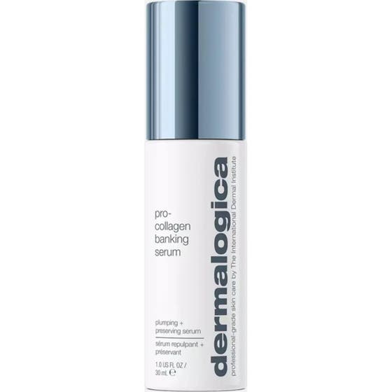 Dermalogica Pro-collagen Banking Serum 30 ml utfyllande ansiktsserum i vit flaska med blått metalliskt lock