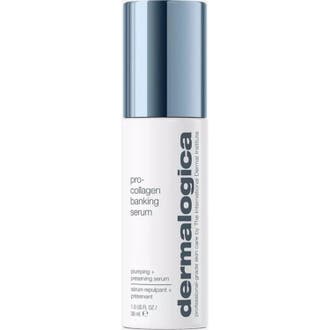 Dermalogica Pro-collagen Banking Serum 30 ml utfyllande ansiktsserum i vit flaska med blått metalliskt lock