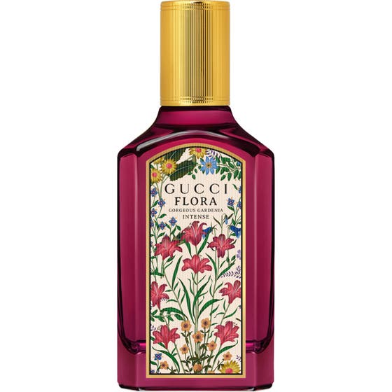Gucci Flora Gorgeous Gardenia Intense 50ml parfym i mörkrosa glasflaska med guldfärgad kork och blommig etikett