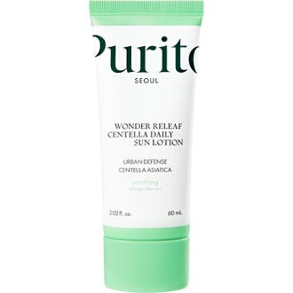 Purito Seoul Wonder Releaf Centella Sun Lotion 60 ml centella solkräm ger solskydd känslig hy i vit tub med mintgrönt lock.