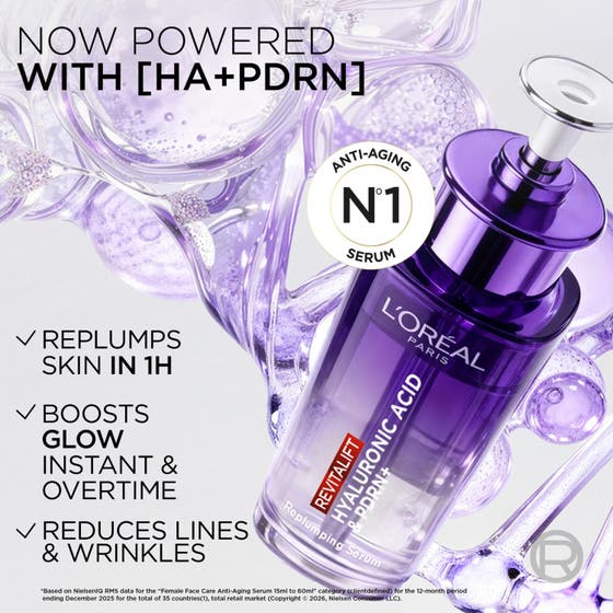 L'Oréal Paris Revitalift Filler 30 ml hyaluronsyraserum i lila flaska som ger fukt och fyller ut huden på en timme.