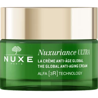Nuxe Nuxuriance Ultra Global Anti-Aging Cream föryngrande antiaging kräm för djupa rynkor i grön glasburk med guldlock.