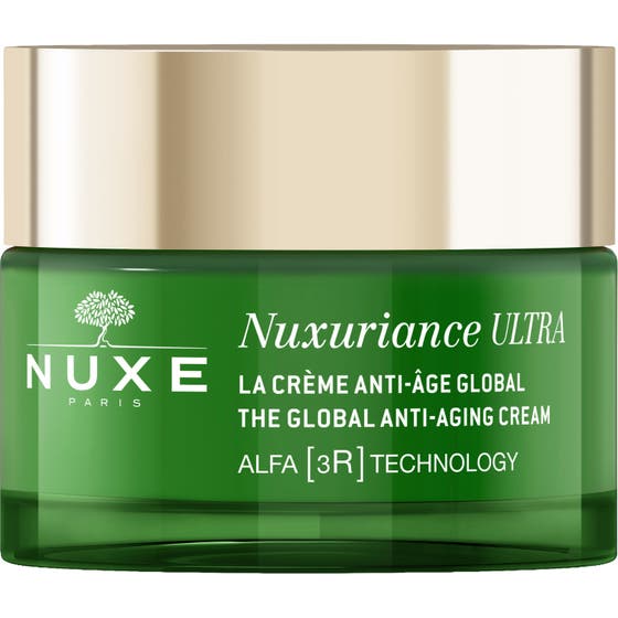Nuxe Nuxuriance Ultra Global Anti-Aging Cream föryngrande antiaging kräm för djupa rynkor i grön glasburk med guldlock.