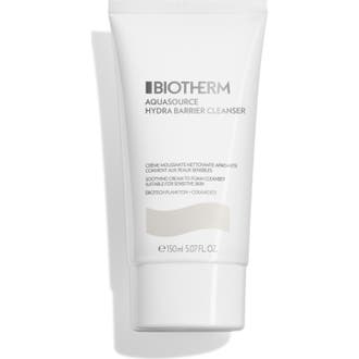 Biotherm Aquasource Hydra Barrier Cleanser 150 ml ceramider ansiktsrengöring för känslig hy i vit tub med grå detalj.