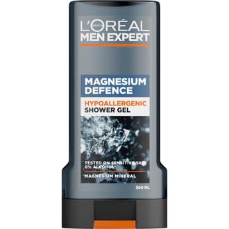 L'Oréal Men Expert Magnesium Defence duschtvål för män allergitestad i grå genomskinlig flaska med svart lock