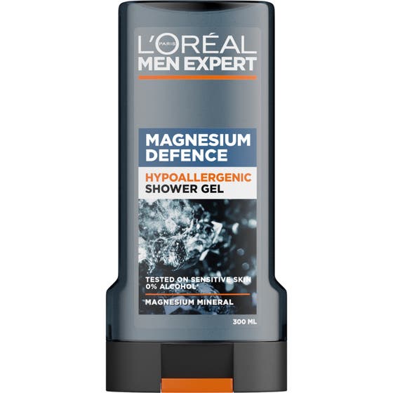 L'Oréal Men Expert Magnesium Defence duschtvål för män allergitestad i grå genomskinlig flaska med svart lock