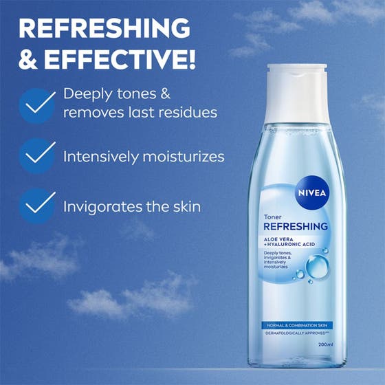 NIVEA Toner Refreshing 200 ml återfuktande ansiktsvatten med lotusblomma i en genomskinlig blå flaska