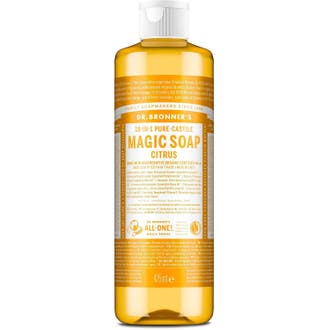 Dr. Bronner's 18-in-1 Citrus-Orange Pure-Castile Soap 475ml ekologisk flytande citrus tvål i flaska med orange etikett.