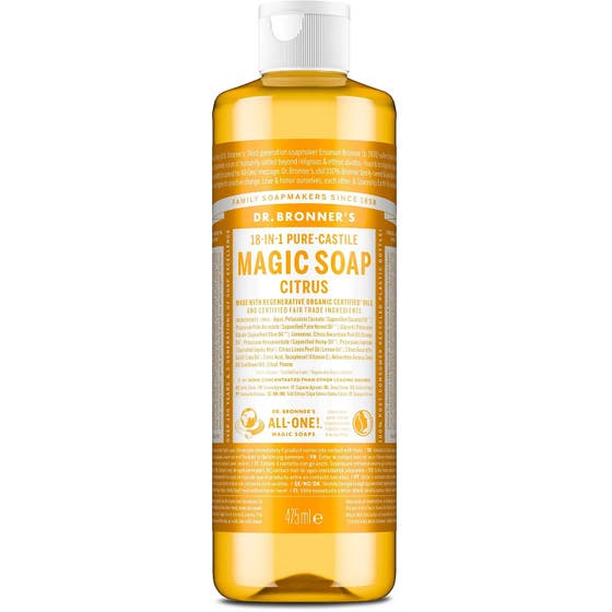 Dr. Bronner's 18-in-1 Citrus-Orange Pure-Castile Soap 475ml ekologisk flytande citrus tvål i flaska med orange etikett.