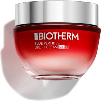 Biotherm Blue Peptides Uplift Cream SPF 30 uppstramande ansiktskräm i röd glasburk ger solskydd ansikte biotherm.