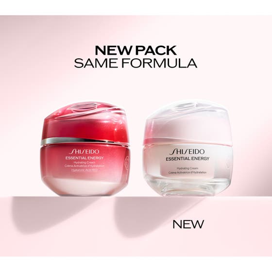 Shiseido Essential Energy Hydrating Cream 50 ml i röd glasburk ger huden lyster och djup återfuktning