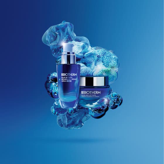 Biotherm Blue Retinol Serum 30 ml nattserum ger antiaging hudvård nattetid bredvid vit Cera Repair kräm