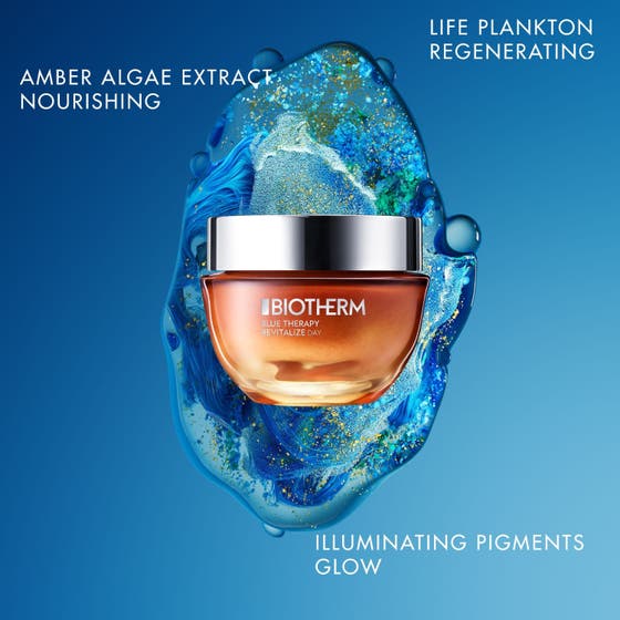 Biotherm Blue Therapy Revitalize 50 ml återfuktande dagkräm med en krämig lystergivande textur och röda korn.