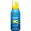 EVY Sunscreen Mousse SPF 30 dermatologiskt testad solkräm barn i en blå flaska med gult lock och lekfullt björnmotiv