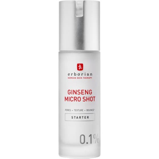 Erborian Ginseng Micro Shot 15 ml ansiktsserum som minskar porer i frostad vit flaska med silverkork