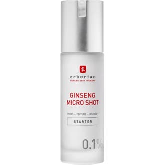 Erborian Ginseng Micro Shot 15 ml ansiktsserum som minskar porer i frostad vit flaska med silverkork