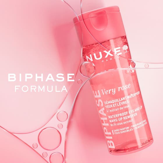 Nuxe Very Rose Biphase Makeup Remover 100 ml rengöring tar bort färgstarkt smink visat i en före och efterbild