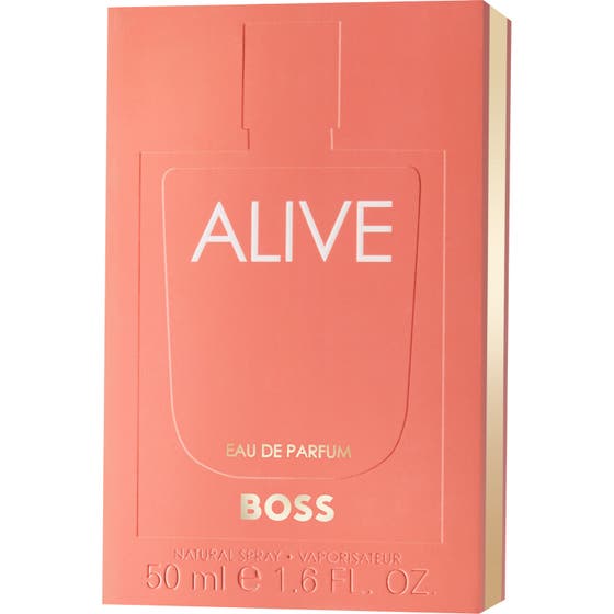 Hugo Boss Boss Alive 50ml Eau de Parfum damparfym i persikofärgad box med gulddetaljer och präglad flasksiluett
