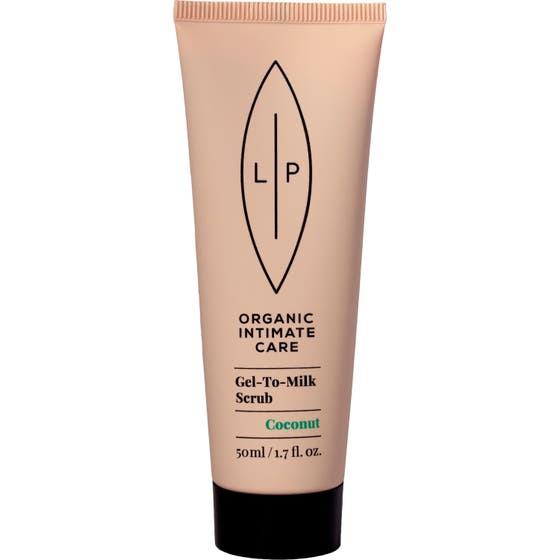 Lip Intimate Care Gel-To-Milk Scrub Coconut 50 ml intimskrubb som exfolierar skonsamt i en persikofärgad tub med svart lock
