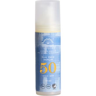 Rudolph Care Sun Face Serum 30 ml solskydd ger högt skydd i en blå mönstrad flaska med frostad vit kork