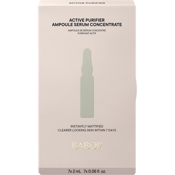 Babor Ampoule Active Purifier 14 ml mot finnar och vuxen acne i en ljusbeige ask med grön ampullsymbol.
