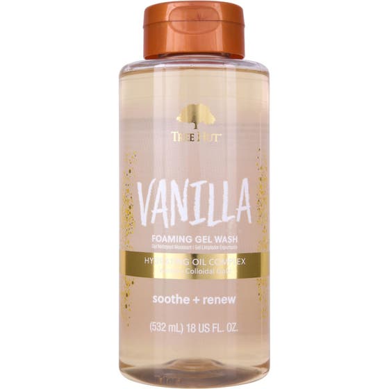 Tree Hut Vanilla Foaming Gel Wash 532 ml återfuktande kroppsrengöring i genomskinlig flaska med orange lock.