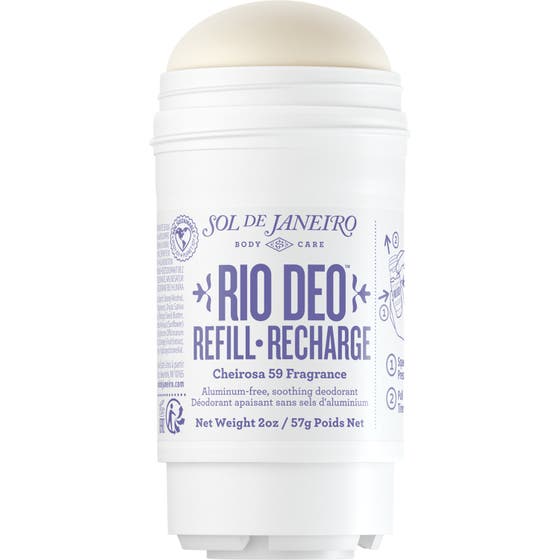 Sol de Janeiro Rio Deo Refill-Recharge 57g hudvänlig deodorant utan aluminium i vit plasthylsa med lila text