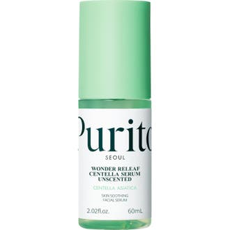 Purito Wonder Releaf Centella Serum Unscented 60 ml ger lugnande vård i transparent grön flaska med mintgrönt lock