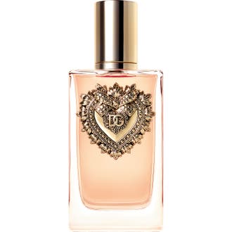 Dolce & Gabbana Devotion 100 ml elegant söt parfym i glasflaska prydd med ett detaljerat hjärta och lock i guld