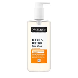 Neutrogena Clear & Defend 2% Salicylic Acid Face Wash 200 ml salicylsyra ansiktstvätt mot finnar i orange pumpflaska.