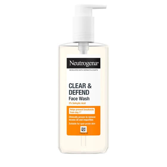 Neutrogena Clear & Defend 2% Salicylic Acid Face Wash 200 ml salicylsyra ansiktstvätt mot finnar i orange pumpflaska.