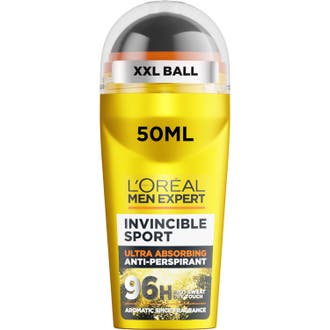 L'Oréal Men Expert Invincible Sport roll-on ger 96h skydd mot svett i en gul plastflaska med svart kula och klart lock.