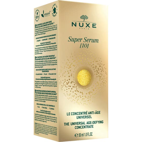 Nuxe Paris Super Serum 30 ml anti-rynk serum nuxe med guldgula mikropärlor i glasflaska och lös pipett.