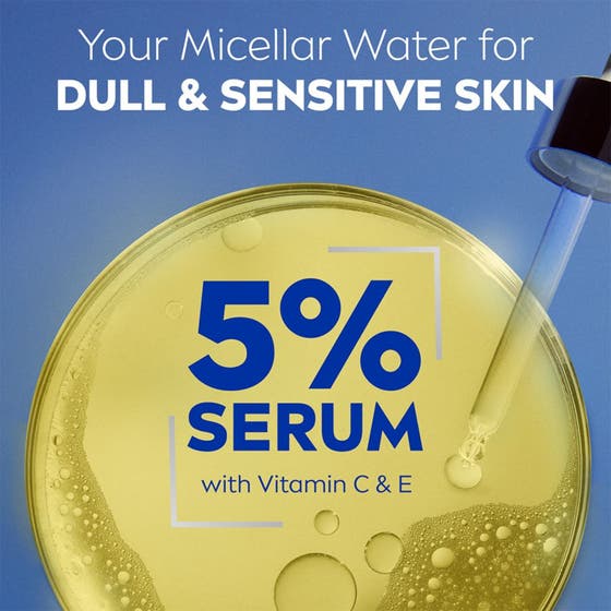 NIVEA Micellar Water Skin Radiance 400 ml med C-vitamin hudvård ger lyster och visas i solljus med texten 90% confirm.