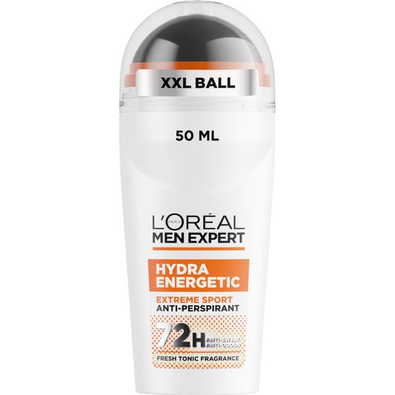 L'Oréal Men Expert Hydra Energetic Extreme Sport antiperspirant 50 ml i vit flaska med stor svart roll-on-kula.