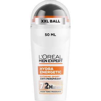 L'Oréal Men Expert Hydra Energetic Extreme Sport antiperspirant 50 ml i vit flaska med stor svart roll-on-kula.