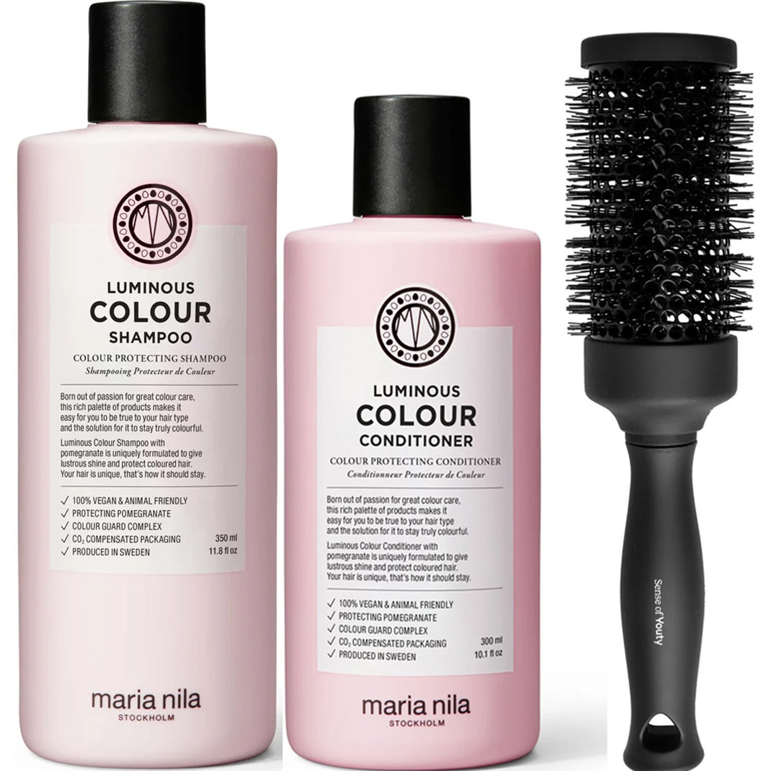 Maria Nila Luminous Color Set Shampoo 350ml, Conditioner 300ml & Blowout Brush - 650 ml
