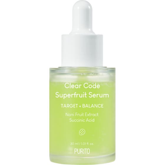 Purito Clear Code Superfruit Serum 30 ml balanserande superfrukt serum i glasflaska med vit pipett och limegrön vätska.