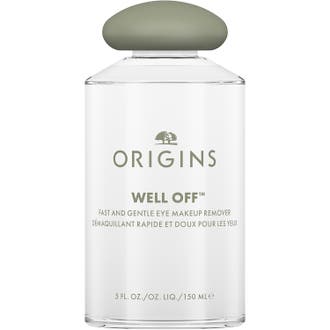 Origins Well Off 150 ml gentle ögonsminkborttagning i en turkosblå genomskinlig flaska med vitt rundat lock