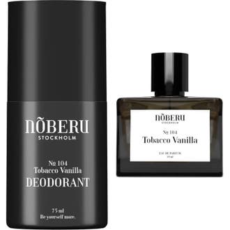 Nõberu No 104 Tobacco Vanilla 75 ml deodorant och 50 ml parfym i stilrena svarta förpackningar.