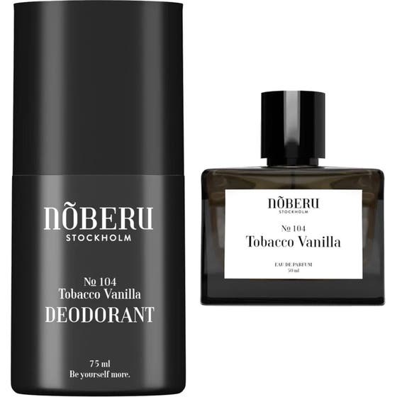 Nõberu No 104 Tobacco Vanilla 75 ml deodorant och 50 ml parfym i stilrena svarta förpackningar.