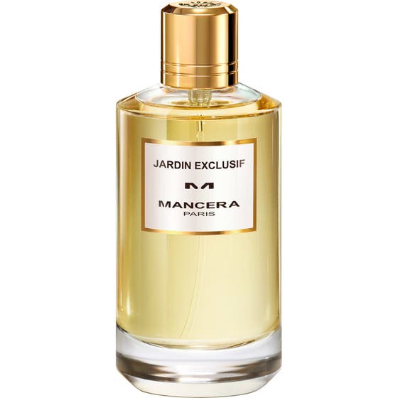 Mancera Jardin Exclusif Eau De Parfum 120 ml lyxig parfym i glasflaska med guldlock och gul vätska