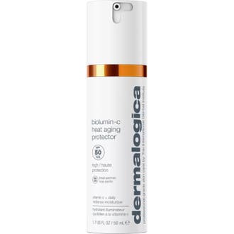 Dermalogica Biolumin-C Heat Aging Protector 50 ml ger lyster och SPF 50-skydd i vit pumpflaska med orange detalj