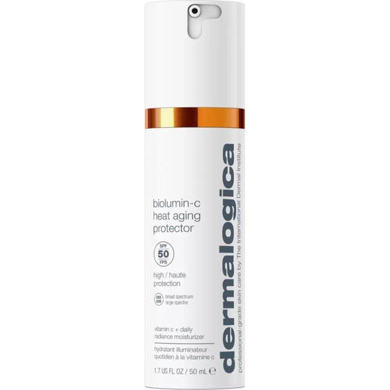 Dermalogica Biolumin-C Heat Aging Protector 50 ml ger lyster och SPF 50-skydd i vit pumpflaska med orange detalj