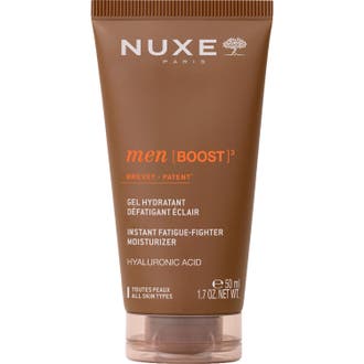 Nuxe Men Boost 50 ml återfuktande ansiktsgel med hyaluronsyra i en brun plasttub med transparent lock.