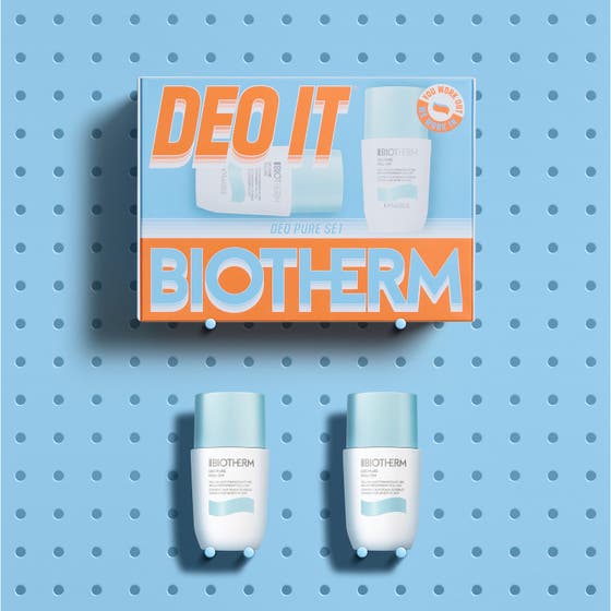 Biotherm Duo Deo Pure Set 150 ml antiperspirant för dam med två roll-on flaskor framför en blå och orange box