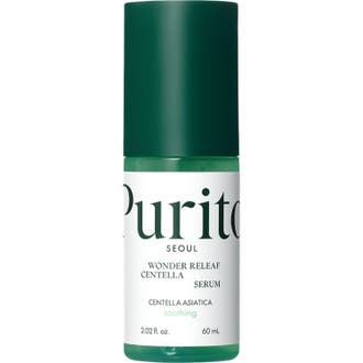 Purito Wonder Releaf Centella Serum 60 ml lugnande serum i grön pumpflaska med mörkgrönt lock och vit etikett